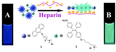 Graphical abstract: A new ratiometric fluorescence detection of heparin based on the combination of the aggregation-induced fluorescence quenching and enhancement phenomena