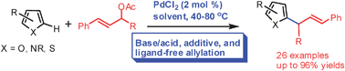 Graphical abstract: PdCl2-catalyzed efficient allylation and benzylation of heteroarenes under ligand, base/acid, and additive-free conditions