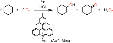 Graphical abstract: Metal-free oxygenation of cyclohexane with oxygen catalyzed by 9-mesityl-10-methylacridinium and hydrogen chloride under visible light irradiation