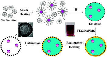 Graphical abstract: Facile fabrication of noble metal nanoparticles encapsulated in hollow silica with radially oriented mesopores: multiple roles of the N-lauroylsarcosine sodium surfactant