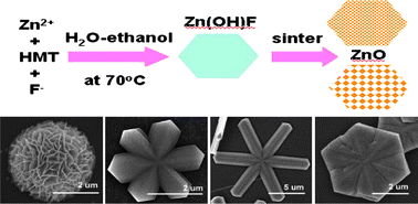 Graphical abstract: Nanocrystalline/nanoporous ZnO spheres, hexapods and disks transformed from zinc fluorohydroxide, their self-assembly and patterned growth