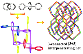 Graphical abstract: A novel 3-connected [3 + 3] topological net showing both rotaxane- and catenane-like motifs