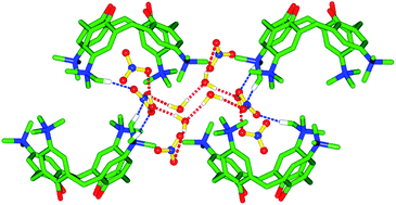 Graphical abstract: Inclusion of unique four-clawed crown-like nitrate–water cluster [(NO3)6(H2O)6]6− anions into the inter-spaces of a 3D H–bonded cationic net formed by a cationic calix[4]arene