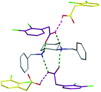 Graphical abstract: Crystal structure of a hybrid salt–cocrystal and its resolution by preferential crystallization: ((±)trans-N,N′-dibenzyldiaminocyclohexane)(2,3-dichlorophenylacetic acid)4