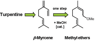 Graphical abstract: A sustainable route from the renewable myrcene to methyl ethersvia direct hydroalkoxylation