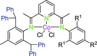 Graphical abstract: 2-[1-(2,6-Dibenzhydryl-4-methylphenylimino)ethyl]-6-[1-(arylimino)ethyl]pyridylcobalt(ii) dichlorides: Synthesis, characterization and ethylene polymerization behavior