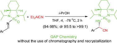 Graphical abstract: The GAP chemistry for chiral N-phosphonyl imine-based Strecker reaction