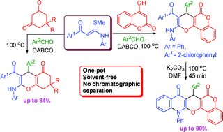 Graphical abstract: DABCO-Promoted three-component regioselective synthesis of functionalized chromen-5-ones and pyrano[3,2-c]chromen-5-ones via direct annulation of α-oxoketene-N,S-arylaminoacetals under solvent-free conditions