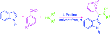 Graphical abstract: l-Proline catalysed multicomponent synthesis of 3-amino alkylated indolesvia a Mannich-type reaction under solvent-free conditions