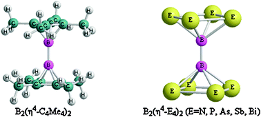 Graphical abstract: The first nonmetal-centered binuclear sandwich-like complexes based on the tetraatomic species E2−4 (E = N, P, As, Sb, Bi) and boron atoms