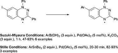 Graphical abstract: Synthesis of 7-aryl/heteraryl-1,3-diphenyl-1,2,4-benzotriazinyls viapalladium catalyzed Stille and Suzuki-Miyaura reactions