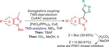 Graphical abstract: Rapid preparation of triazolyl substituted NH-heterocyclic kinase inhibitors via one-pot Sonogashira coupling–TMS-deprotection–CuAAC sequence