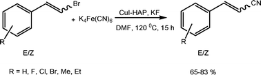 Graphical abstract: Hydroxyapatite-supported Cu(i)-catalysed cyanation of styrenyl bromides with K4[Fe(CN)6]: an easy access to cinnamonitriles