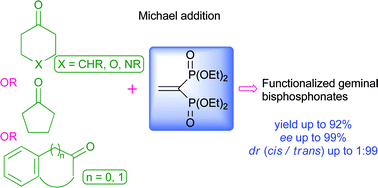 Graphical abstract: Synthesis of geminal bisphosphonates via organocatalyzed enantioselective Michael additions of cyclic ketones and 4-piperidones