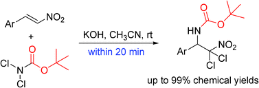 Graphical abstract: KOH-catalyzed highly efficient aminohalogenation of β-nitrostyrenes with t-butyl N,N-dichlorocarbamate as nitrogen/halogen source