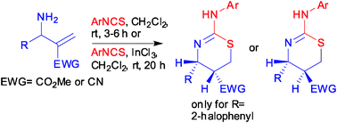 Graphical abstract: A novel stereoselective one-pot synthesis of 2-susbstituted amino-5,6-dihydro-4H-1,3-thiazines via primary allylamines afforded from Morita–Baylis–Hillman acetates