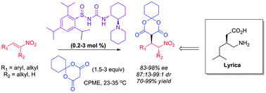 Graphical abstract: Enantio- and diastereoselective addition of cyclohexyl Meldrum's acid to β- and α,β-disubstituted nitroalkenesvia N-sulfinyl urea catalysis