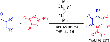 Graphical abstract: NHC-catalysed diastereoselective synthesis of multifunctionalised piperidines via cascade reaction of enals with azalactones