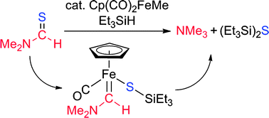 Graphical abstract: Desulfurization of N,N-dimethylthioformamide by hydrosilane with the help of an iron complex. Isolation and characterization of an iron–carbene complex as an intermediate of C [[double bond, length as m-dash]] S double bond cleavage