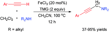 Graphical abstract: Efficient iron(iii)-catalyzed three-component coupling reaction of alkynes, CH2Cl2 and amines to propargylamines