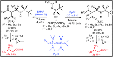 Graphical abstract: Organic base-catalyzed stereodivergent synthesis of (R)- and (S)-3-amino-4,4,4-trifluorobutanoic acids
