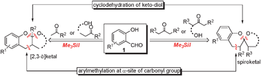 Graphical abstract: Me3SiI-promoted reaction of salicylic aldehydes with ketones: a facile way to construct benzopyranic [2,3-b]ketals and spiroketals