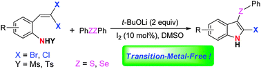 Graphical abstract: An efficient synthesis of 2-bromo(chloro)-3-selenyl(sulfenyl)indoles via tandem reactions of 2-(gem-dibromo(chloro)vinyl)anilines with diselenides(disulfides)