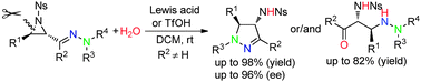 Graphical abstract: Facile synthesis of 2-pyrazolines and α,β-diamino ketones via regioselective ring-opening of hydrazone-tethered aziridines