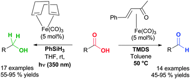 Graphical abstract: Selective switchable iron-catalyzed hydrosilylation of carboxylic acids