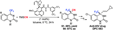 Graphical abstract: Highly enantioselective organocatalytic Strecker reaction of cyclic N-acyl trifluoromethylketimines: synthesis of anti-HIV drug DPC 083