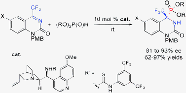 Graphical abstract: Quinine-thiourea catalyzed enantioselective hydrophosphonylation of trifluoromethyl 2(1H)-quinazolinones