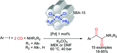 Graphical abstract: Palladium complexes grafted onto mesoporous silica catalysed the double carbonylation of aryl iodides with amines to give α-ketoamides