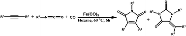 Graphical abstract: One pot synthesis of maleimide and hydantoin by Fe(CO)5 catalyzed [2 + 2 + 1] co-cyclization of acetylene, isocyanate and CO