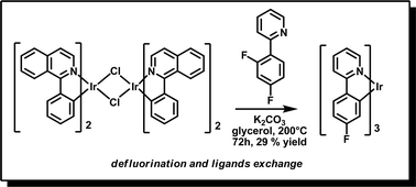Graphical abstract: Unprecedented combination of regioselective hydrodefluorination and ligand exchange reaction during the syntheses of tris-cyclometalated iridium(iii) complexes