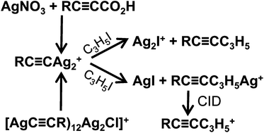 Graphical abstract: sp–sp3 Coupling reactions of alkynylsilver cations, RC [[triple bond, length as m-dash]] CAg2+ (R = Me and Ph) with allyliodide