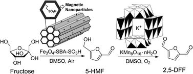 Graphical abstract: A one-pot approach for conversion of fructose to 2,5-diformylfuran by combination of Fe3O4-SBA-SO3H and K-OMS-2