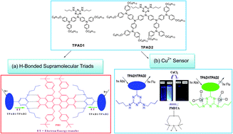Graphical abstract: Synthesis of novel triarylamine-based dendrimers with N4,N6-dibutyl-1,3,5-triazine-4,6-diamine probe for electron/energy transfers in H-bonded donor–acceptor–donor triads and as efficient Cu2+ sensors