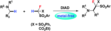 Graphical abstract: DIAD-mediated metal-free cross dehydrogenative coupling between tertiary amines and α-fluorinated sulfones