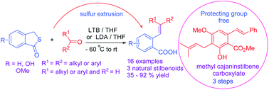 Graphical abstract: Stereoselective synthesis of hydroxy stilbenoids and styrenes by atom-efficient olefination with thiophthalides