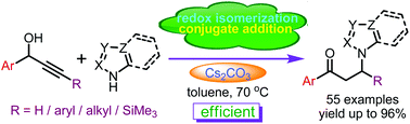 Graphical abstract: A convenient approach to β-heteroarylated (C–N bond) ketones from Cs2CO3 promoted reaction between propargyl alcohols and nitrogen-heterocycles