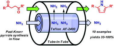 Graphical abstract: Flow synthesis using gaseous ammonia in a Teflon AF-2400 tube-in-tube reactor: Paal–Knorr pyrrole formation and gas concentration measurement by inline flow titration