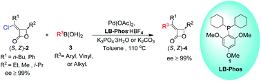 Graphical abstract: Pd-catalyzed Suzuki coupling reaction of chloroalkylidene-β-lactones with LB-Phos as the ligand