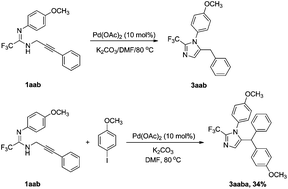 Graphical abstract: Pd-catalyzed coupling reaction of fluorinated propargyl amidines with aryl iodides
