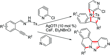 Graphical abstract: Silver triflate-catalyzed tandem reaction of N′-(2-alkynylbenzylidene)hydrazide with pyridyne