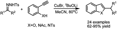 Graphical abstract: Benzofuran and indole synthesis via Cu(i)-catalyzed coupling of N-tosylhydrazone and o-hydroxy or o-amino phenylacetylene
