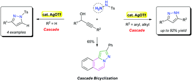 Graphical abstract: Chemoselective synthesis of substituted pyrazoles through AgOTf-catalyzed cascade propargylic substitution–cyclization–aromatization
