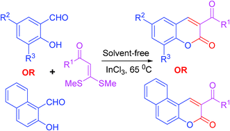 Graphical abstract: InCl3 catalyzed domino route to 2H-chromene-2-ones via [4 + 2] annulation of 2-hydroxyarylaldehydes with α-oxoketene dithioacetal under solvent-free conditions