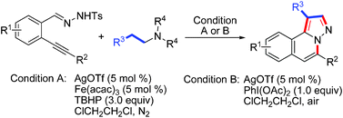 Graphical abstract: Reaction of N′-(2-alkynylbenzylidene)hydrazide with tertiary amine: a concise synthesis of H-pyrazolo[5,1-a]isoquinolines