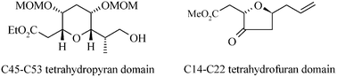 Graphical abstract: Synthesis of the C45–C53 tetrahydropyran domain of norhalichondrins and the C14–C22 tetrahydrofuran domain of the halichondrin family