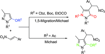 Graphical abstract: Tandem 1,5-migration/Michael reactions to prepare adducts of pyrazolone derivatives: protecting group-directed rearrangement
